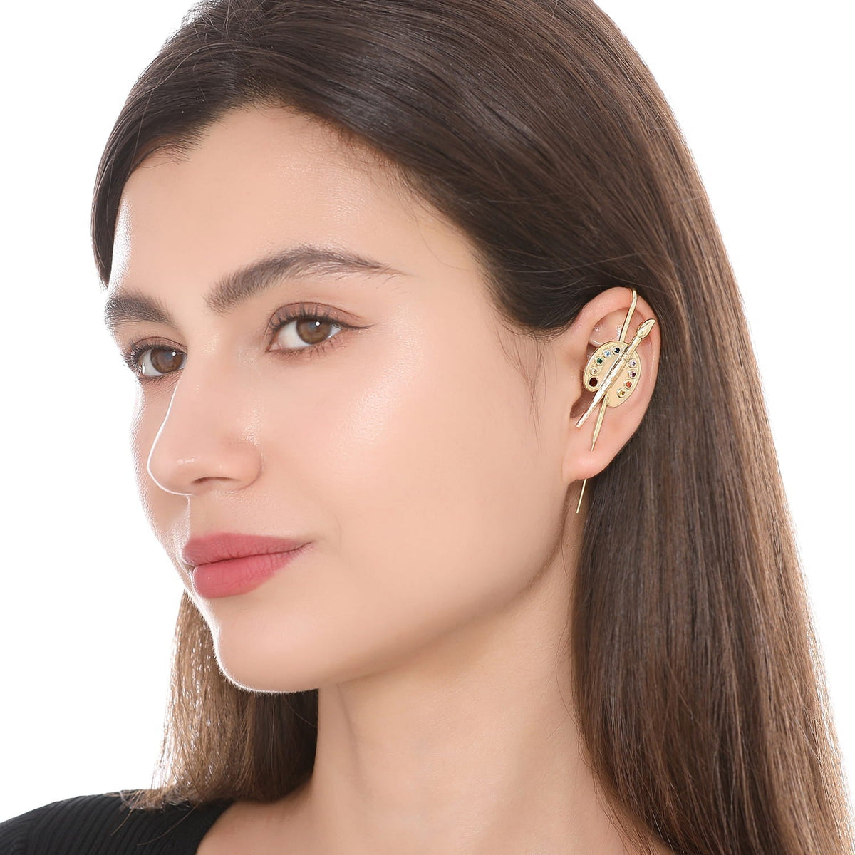 Artist ear cuff worn on the ear, profile view