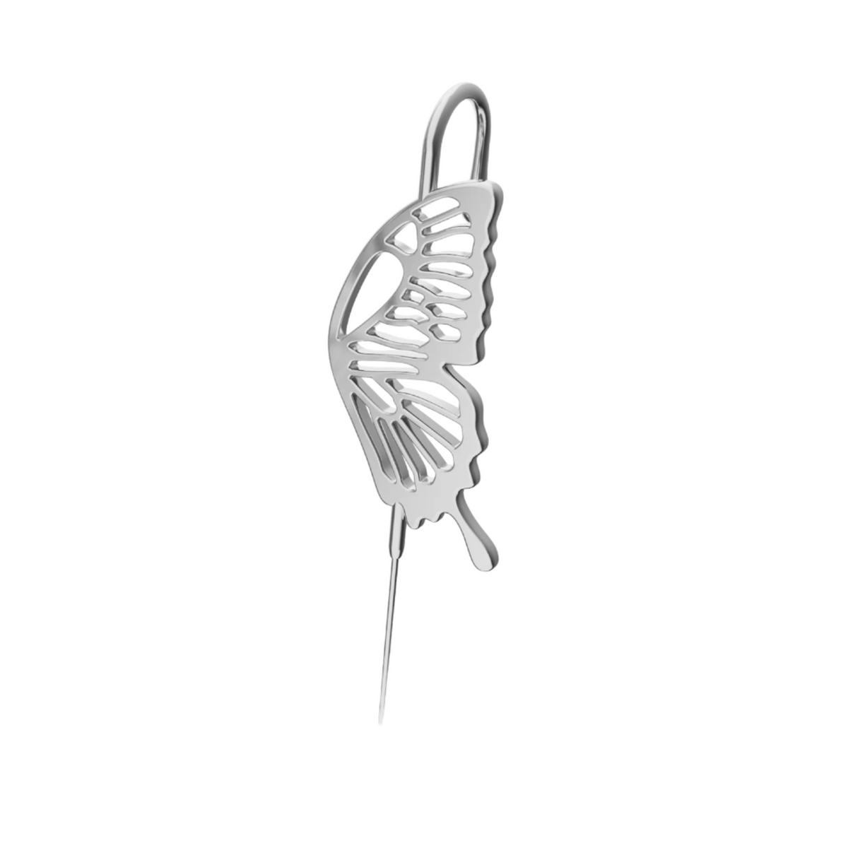 Gentle Butterfly ear cuff in silver on a black ear form