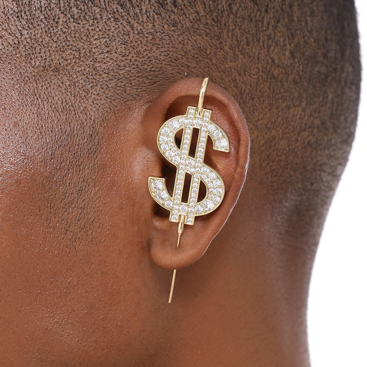 CA$H ear cuff worn on the ear, profile view
