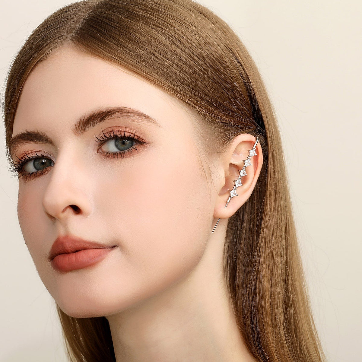 Crystal Stack ear cuff worn on the ear, profile view