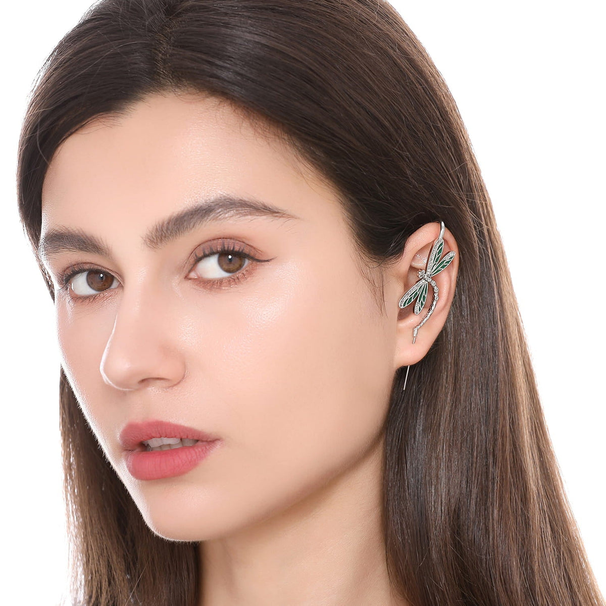 Dragonfly ear cuff worn on the ear, profile view