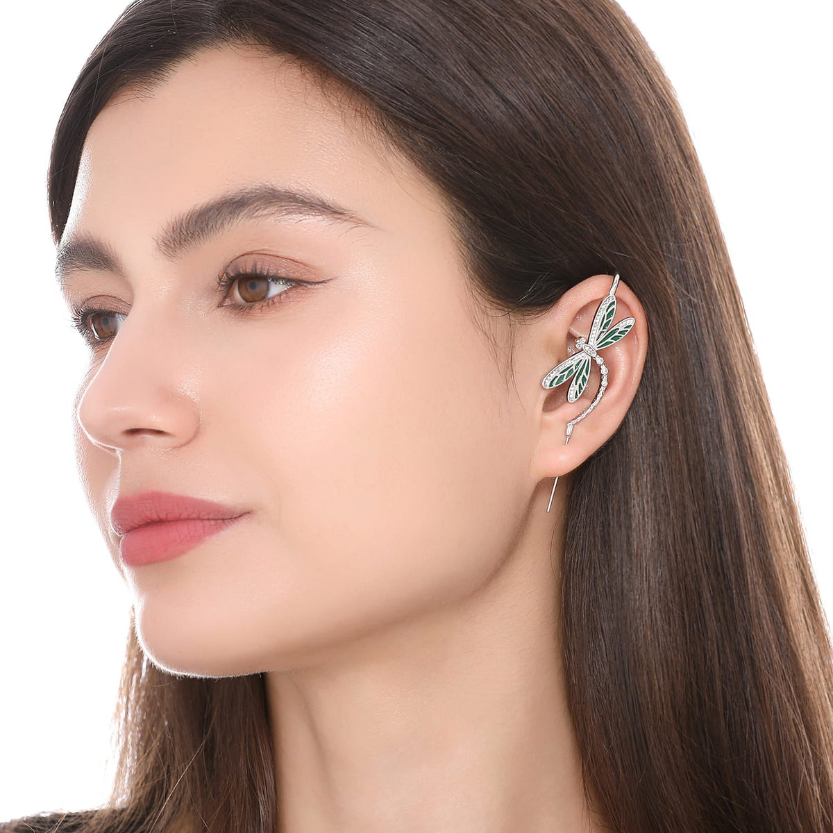 Dragonfly ear cuff worn on the ear, profile view