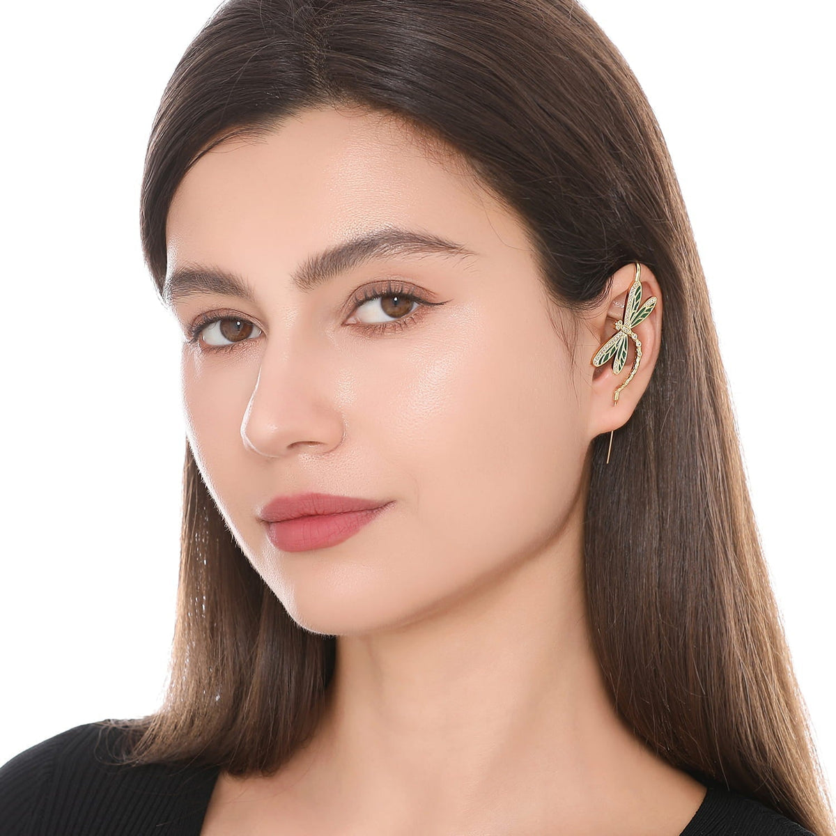 Dragonfly ear cuff worn on the ear, profile view
