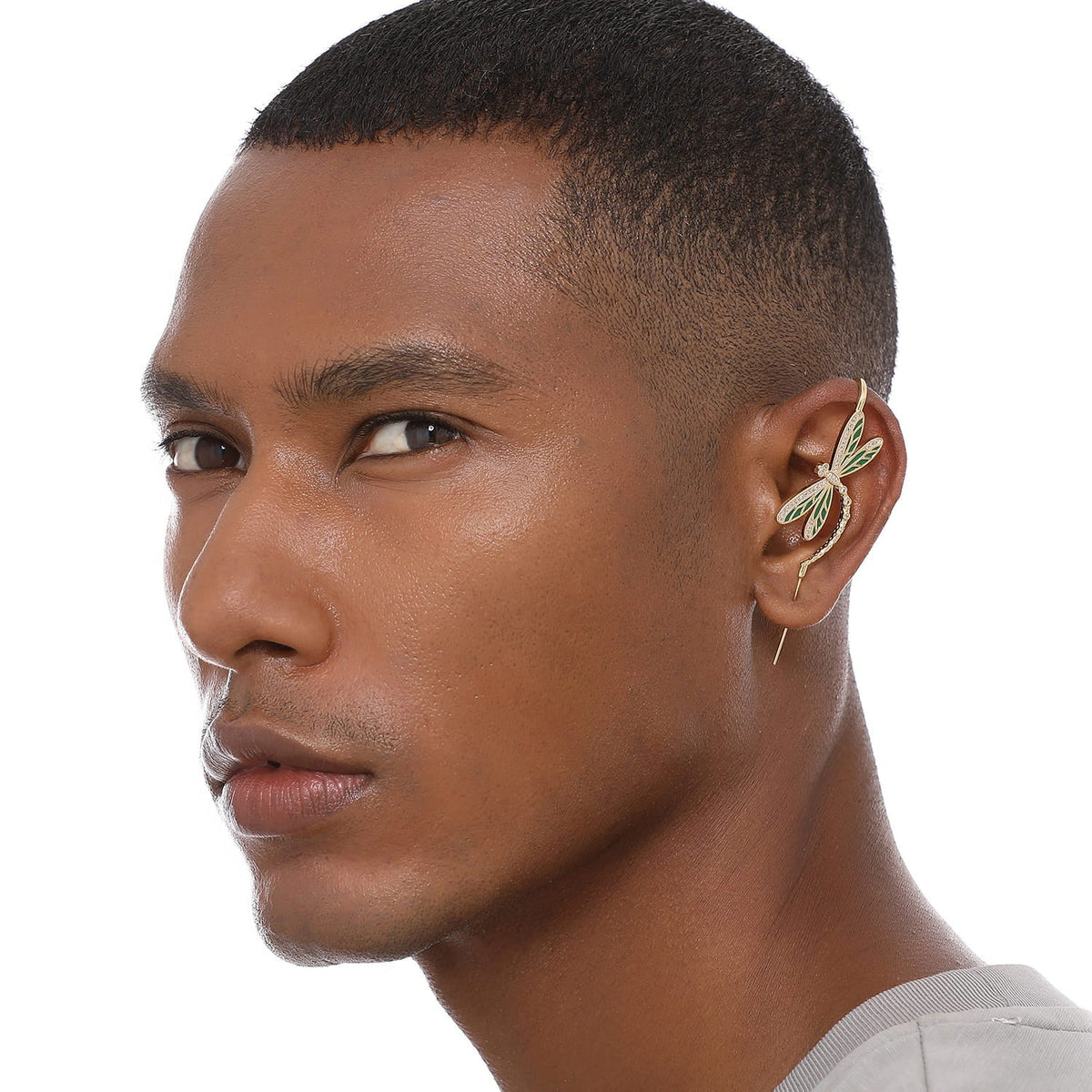 Dragonfly ear cuff worn on the ear, profile view