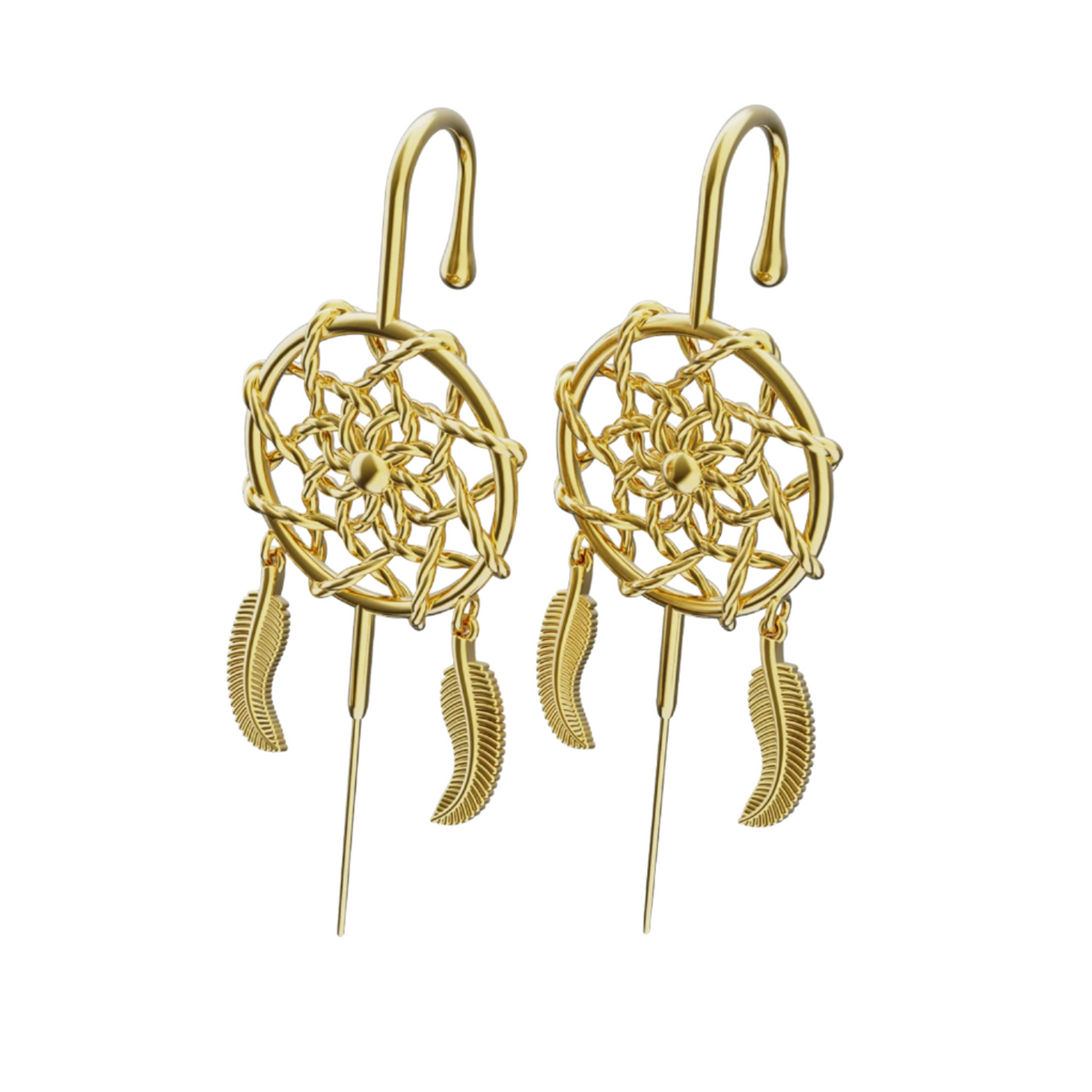Dreamcatcher ear cuffs in gold, a pair
