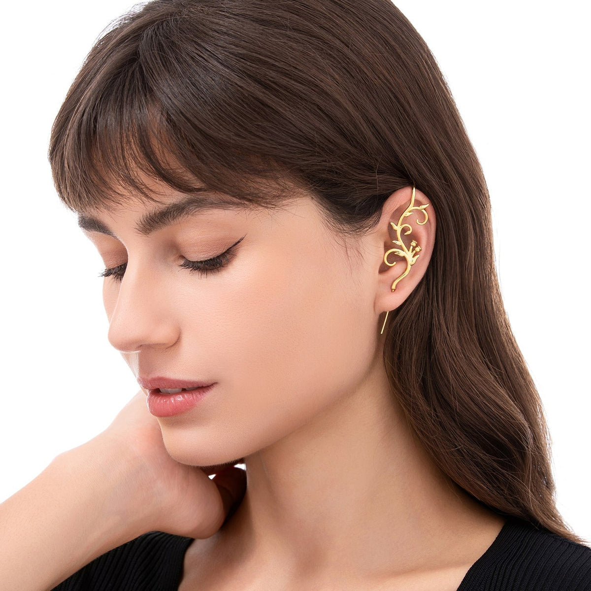 Enchanted Vine ear cuff worn on the ear, profile view
