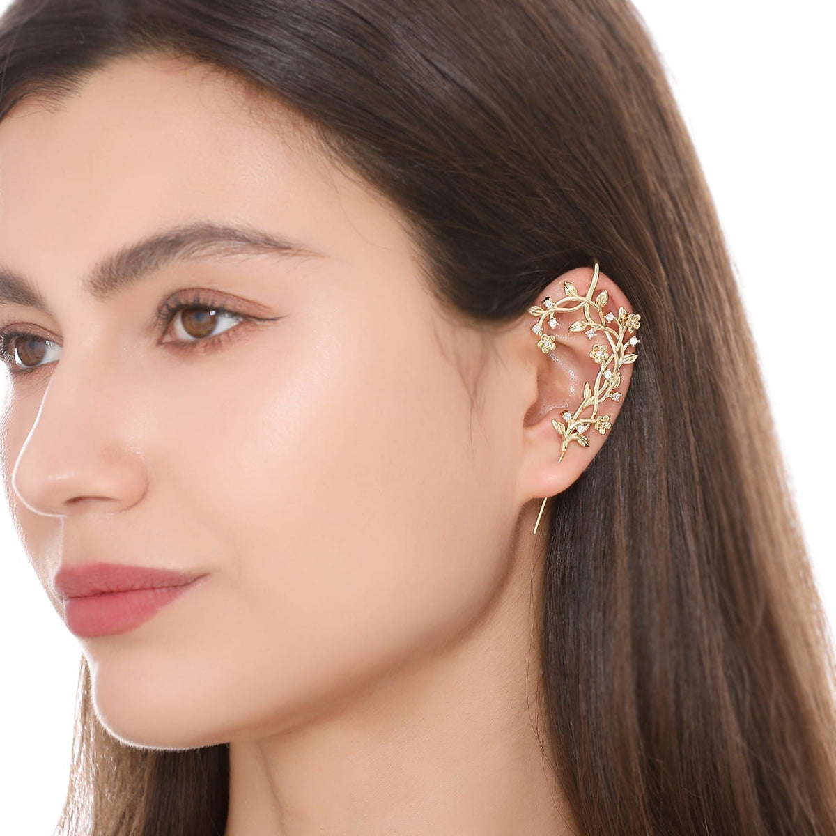 Flourishing ear cuff worn on the ear, profile view
