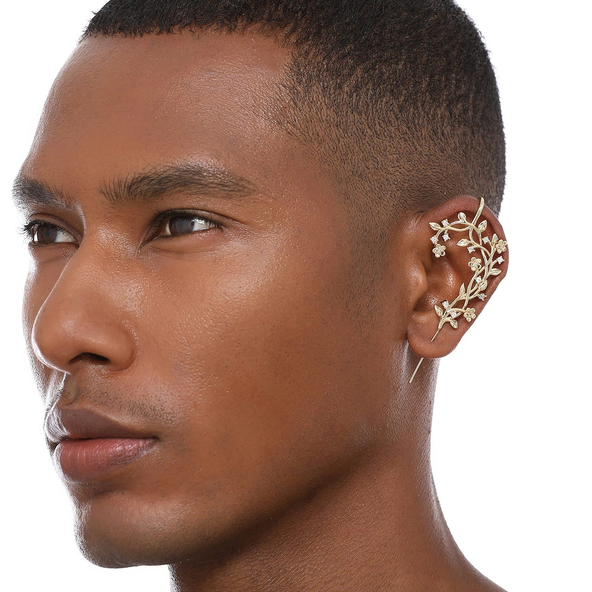 Flourishing ear cuff worn on the ear, profile view