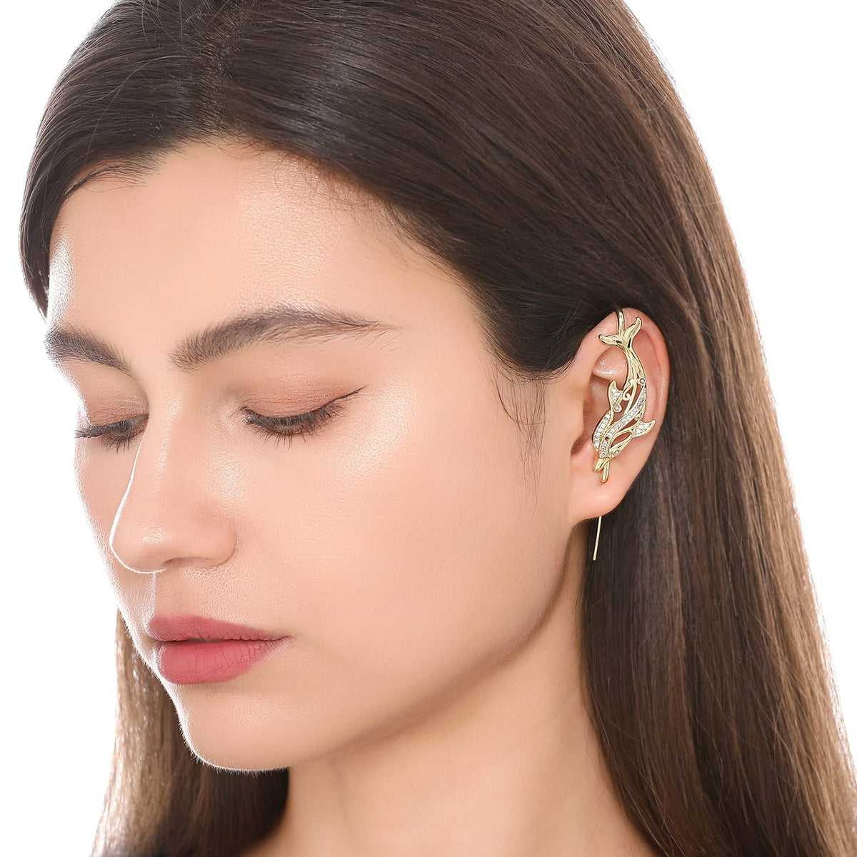 Graceful Dolphin ear cuff worn on the ear, profile view