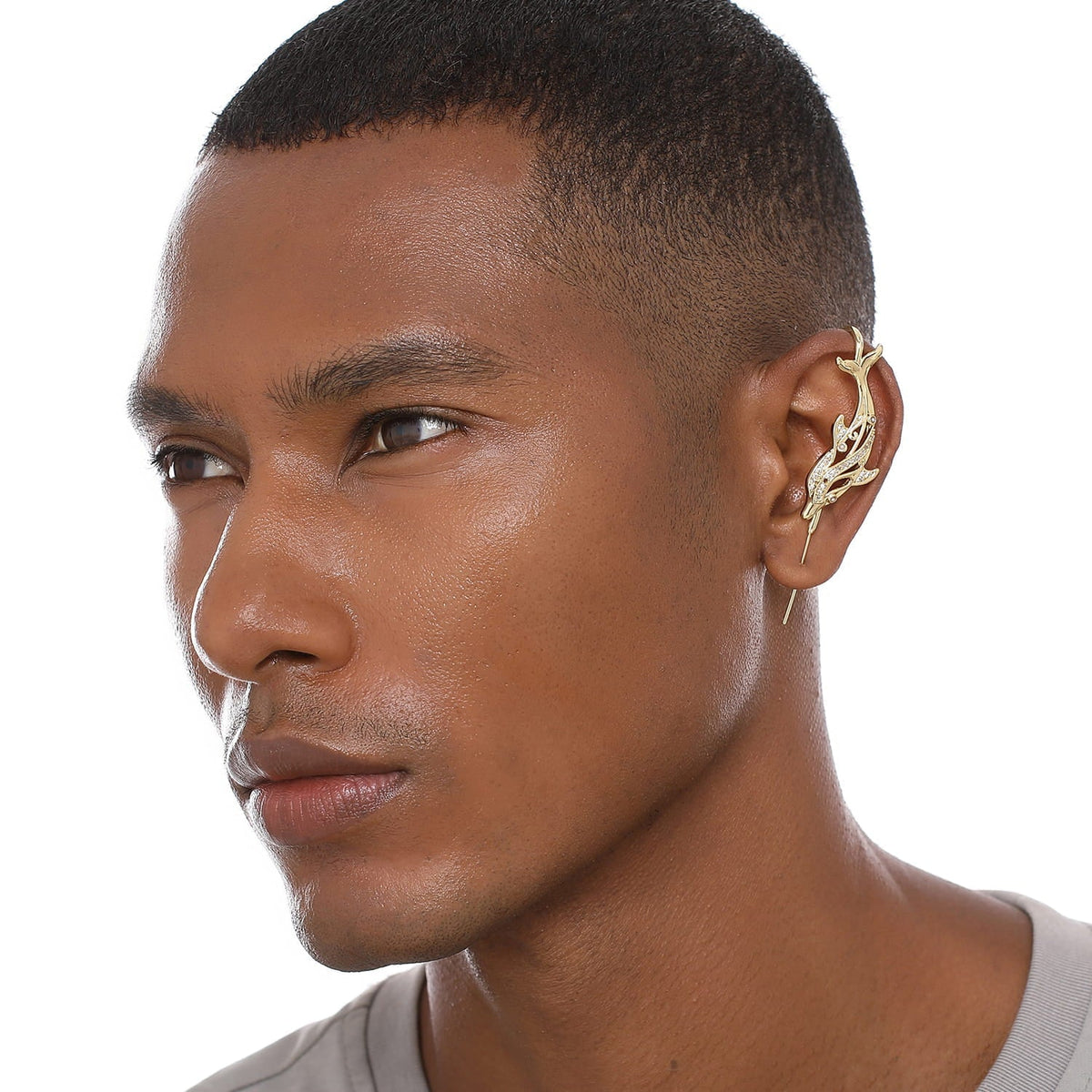 Graceful Dolphin ear cuff worn on the ear, profile view
