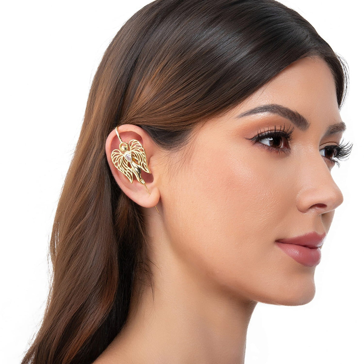 Guardian Angel ear cuff in gold on a black ear form