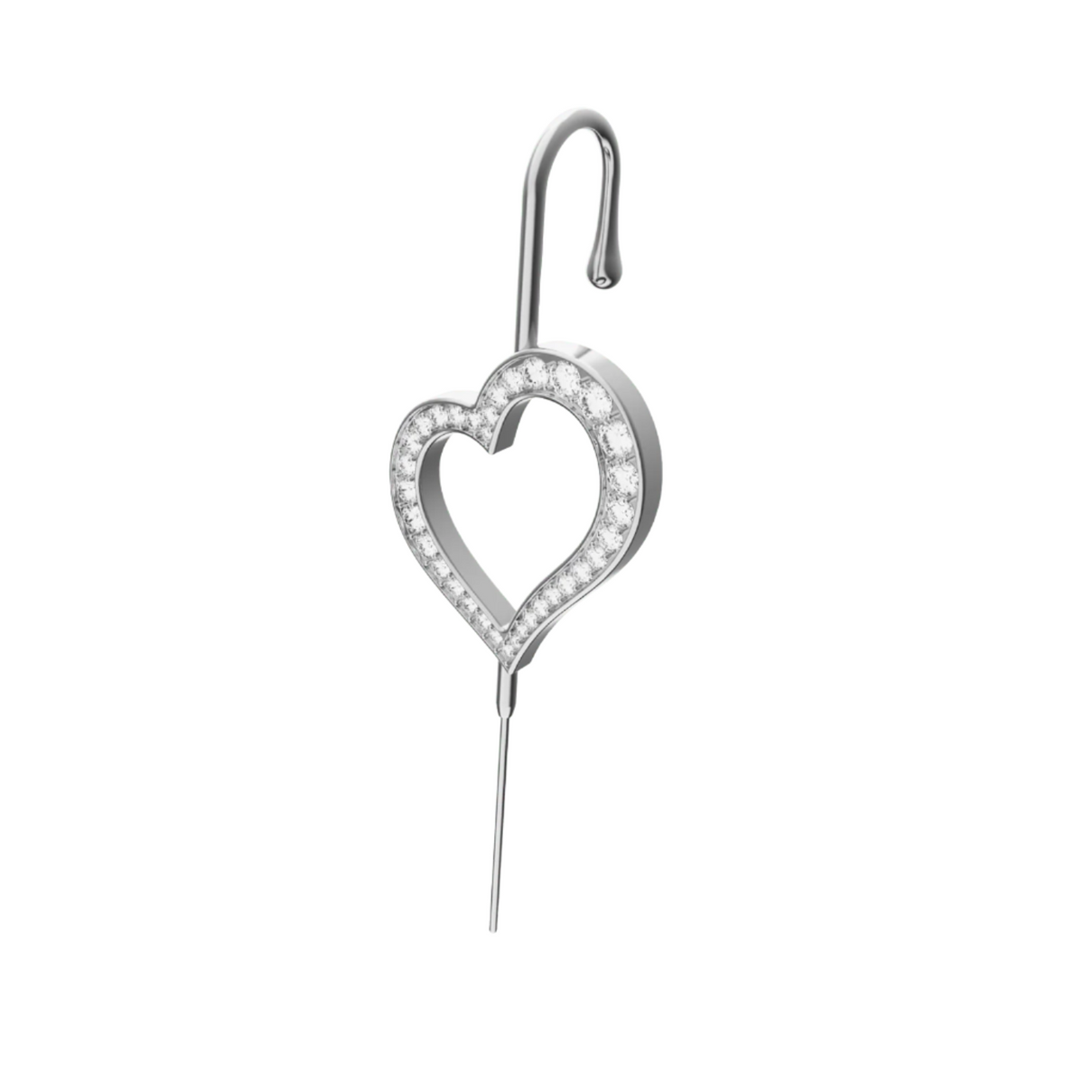 Pure Heart ear cuff in silver on a black ear form
