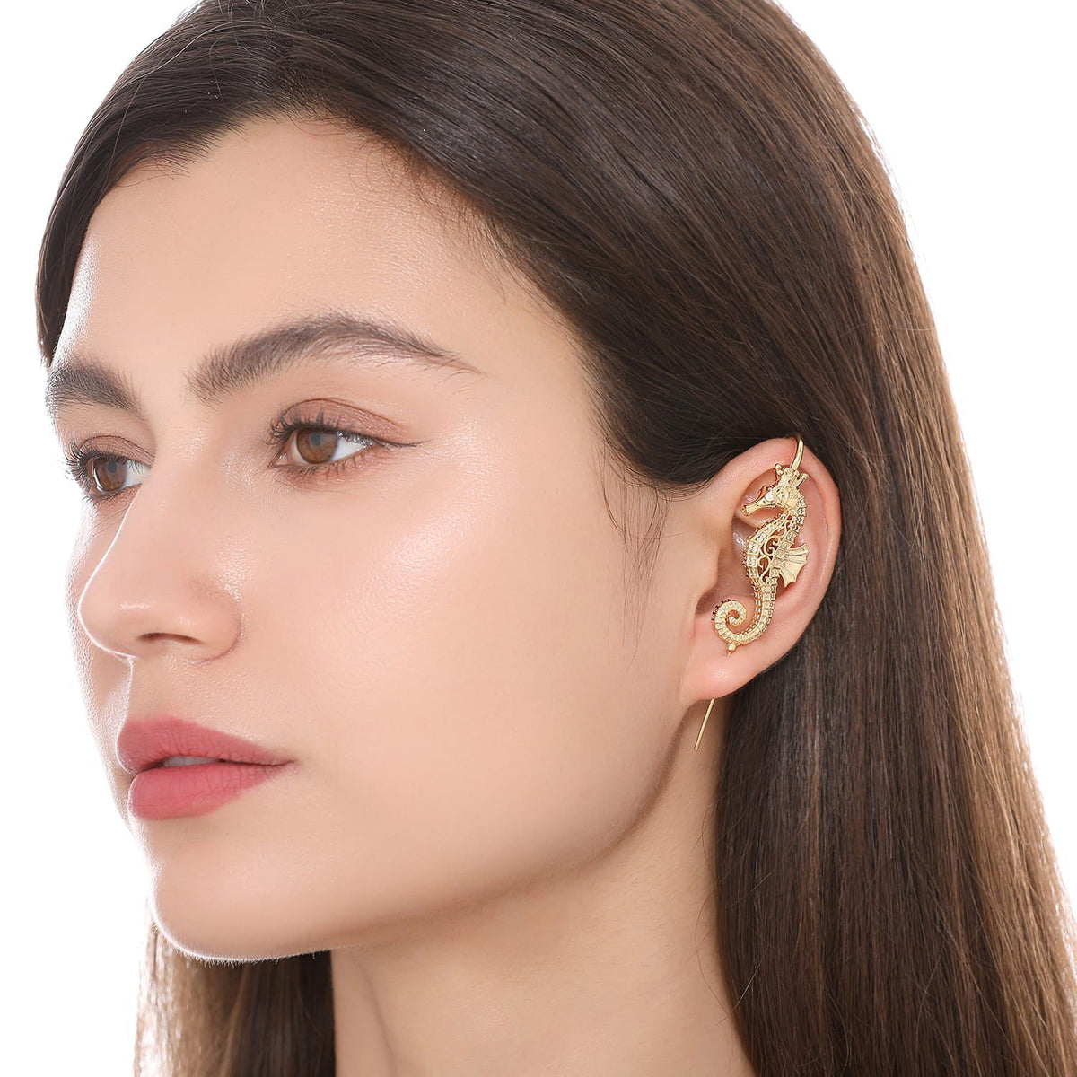 Imperial Seahorse ear cuff worn on the ear, profile view