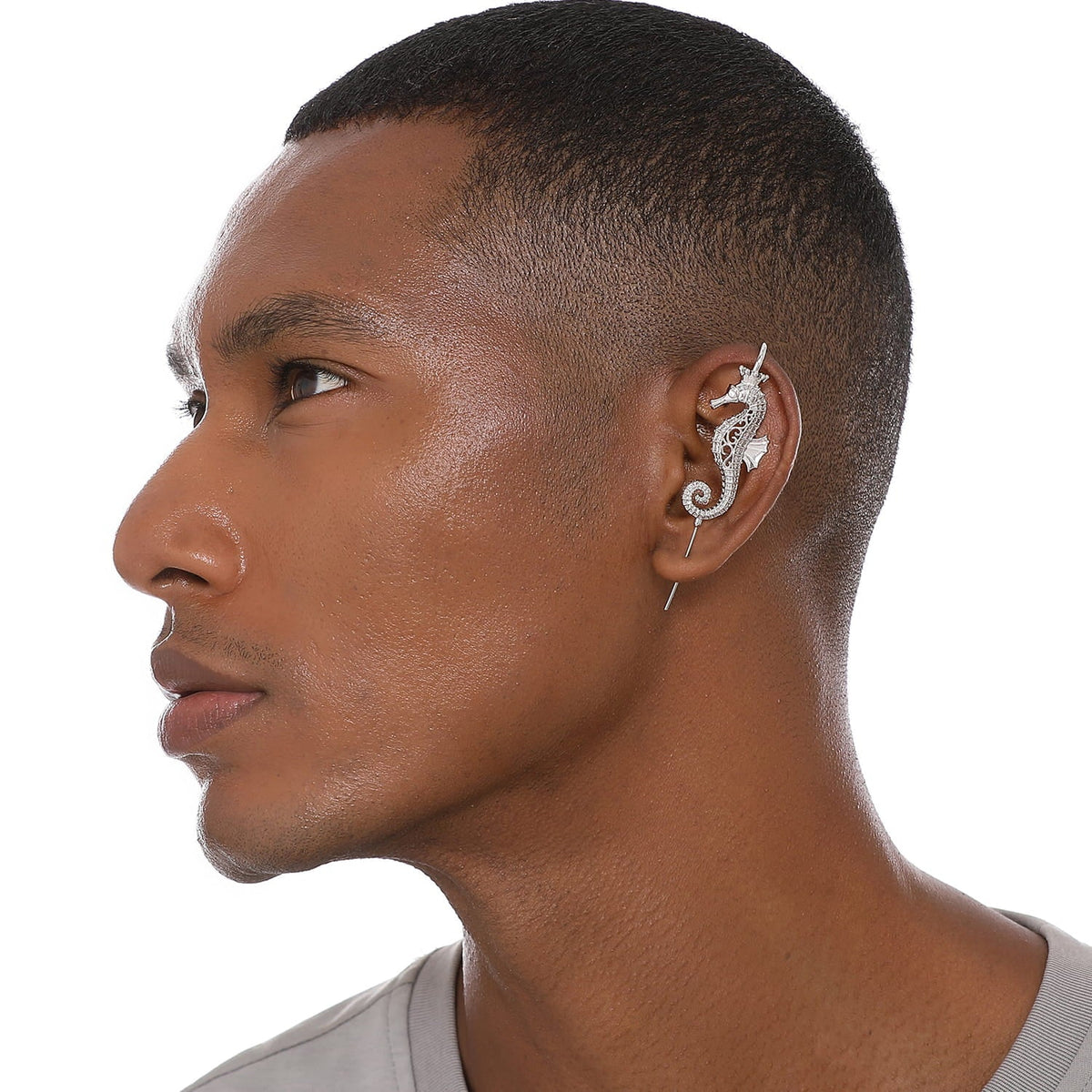 Imperial Seahorse ear cuff worn on the ear, profile view