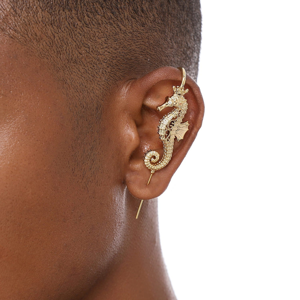 Imperial Seahorse ear cuff worn on the ear, profile view