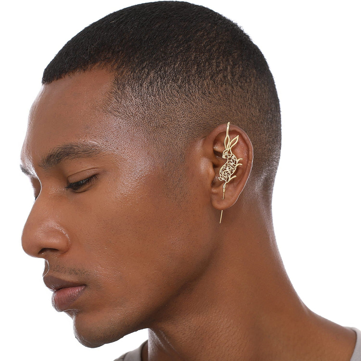 Leaping Hare ear cuff worn on the ear, profile view