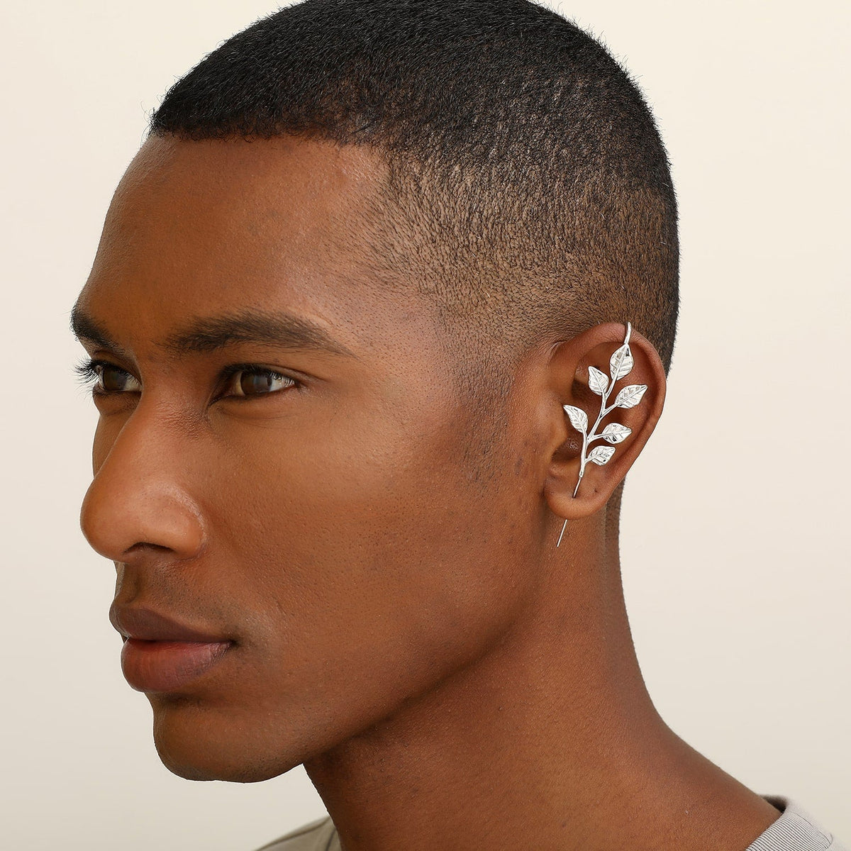 Whispering Leaves ear cuff worn on the ear, profile view