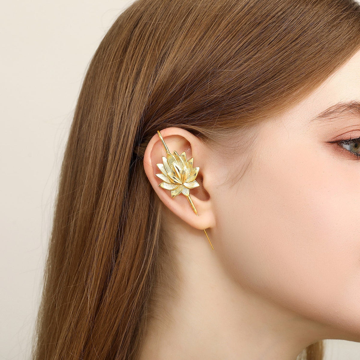 Lotus Bloom ear cuff worn on the ear, profile view