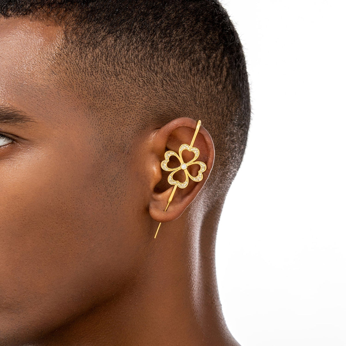 Lucky Clover ear cuff worn on the ear, profile view