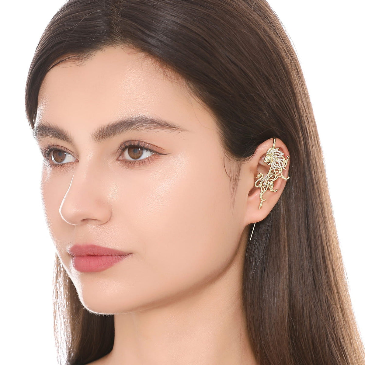 Majestic Lion ear cuff worn on the ear, profile view
