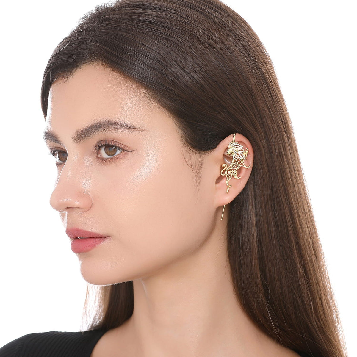 Majestic Lion ear cuff worn on the ear, profile view