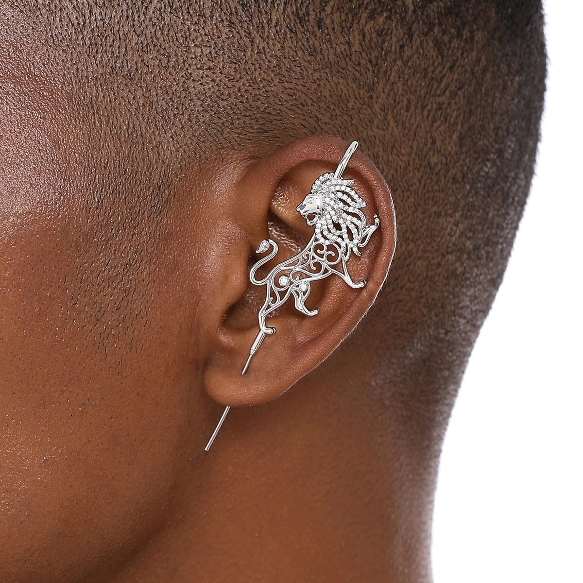 Majestic Lion ear cuff worn on the ear, profile view