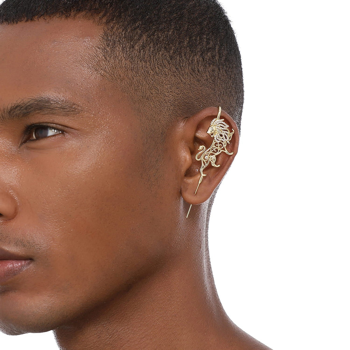 Majestic Lion ear cuff worn on the ear, profile view