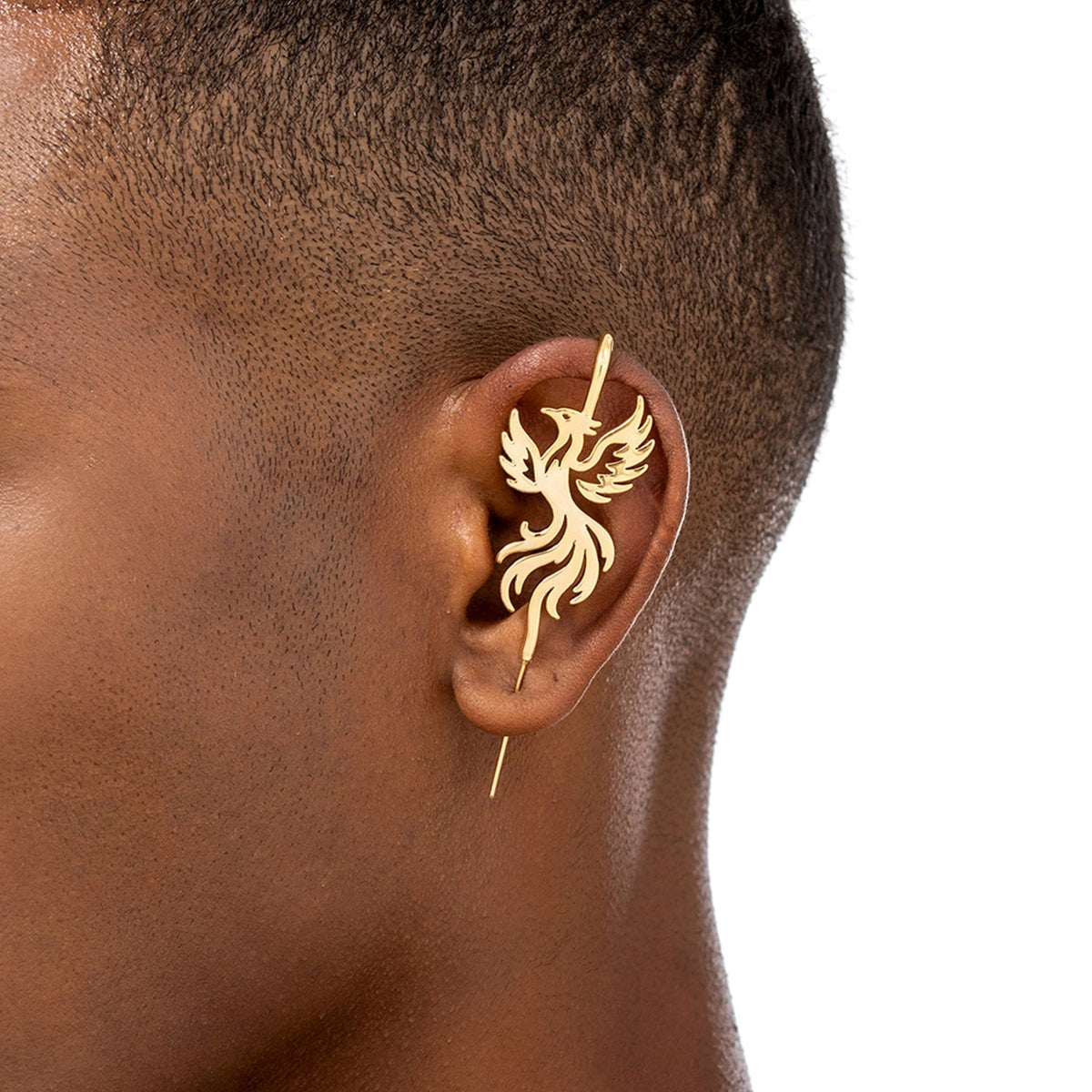 Rising Phoenix ear cuff worn on the ear, profile view
