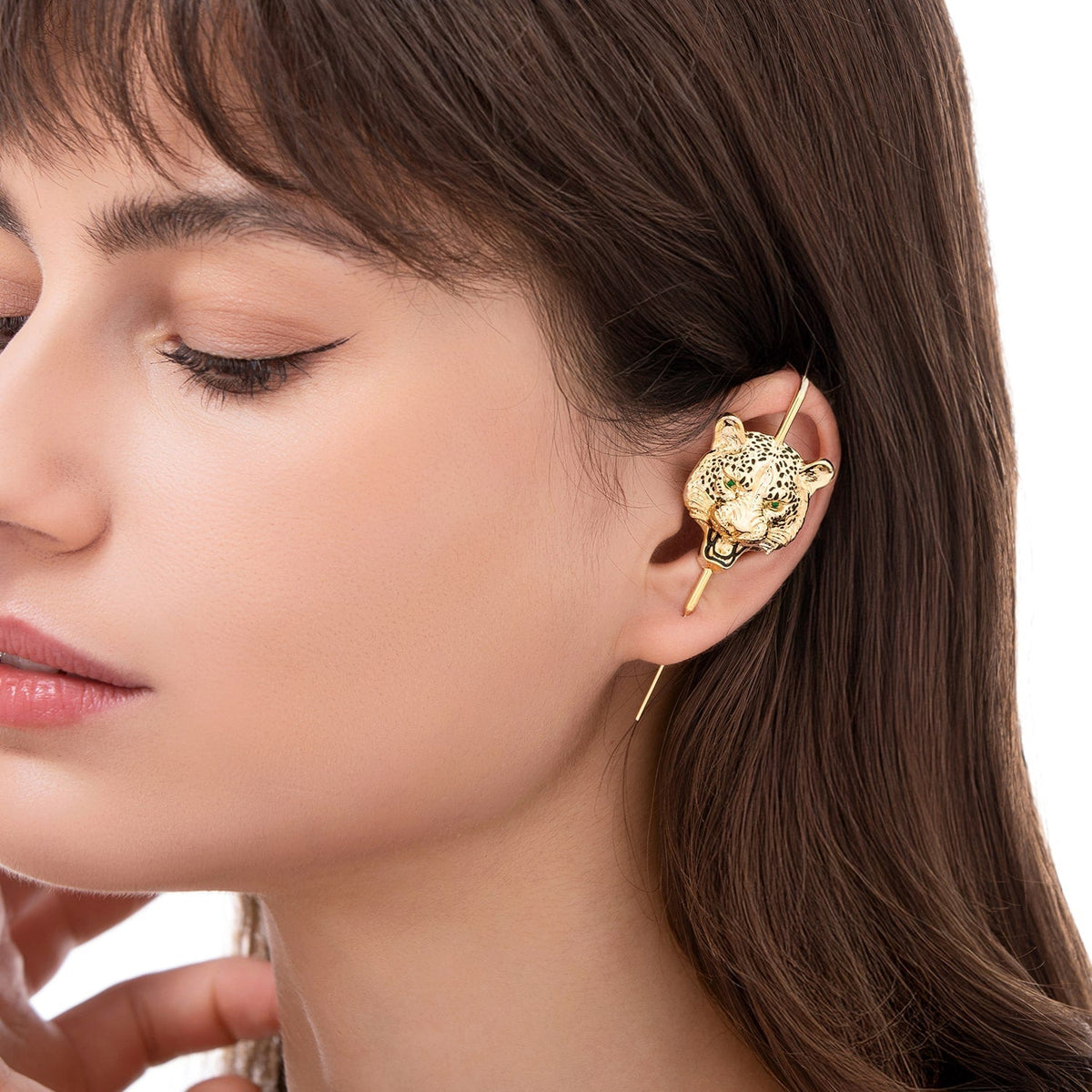 Savage Leopard ear cuff worn on the ear, profile view