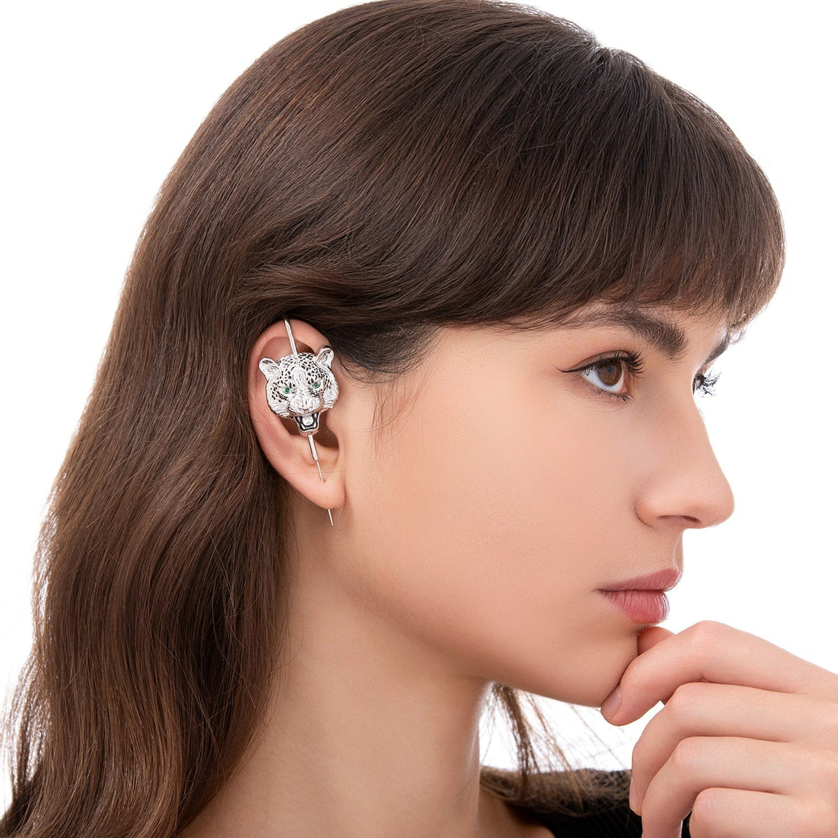 Savage Leopard ear cuff worn on the ear, profile view