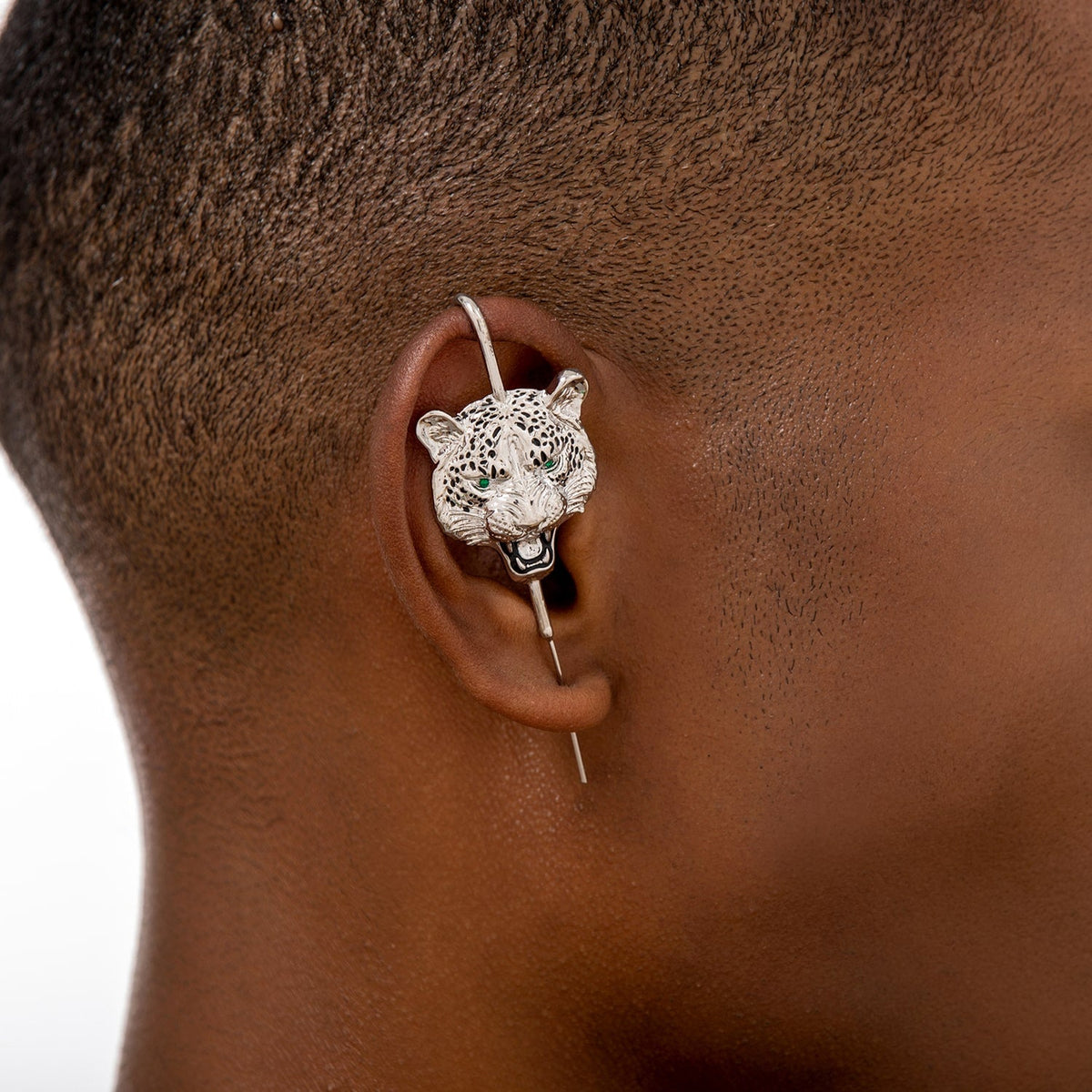 Savage Leopard ear cuff worn on the ear, profile view
