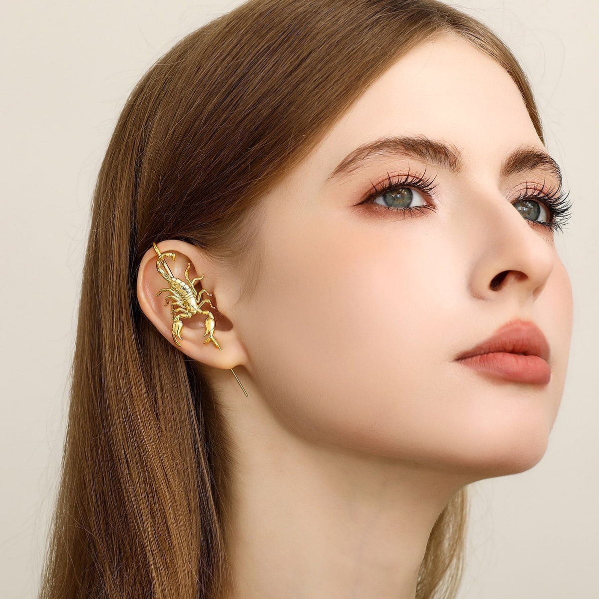Fierce Scorpion ear cuff worn on the ear, profile view