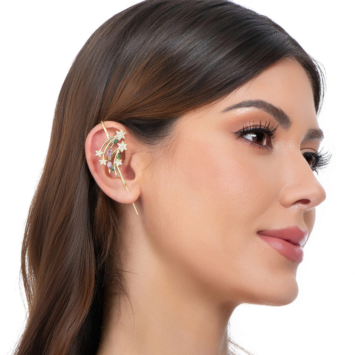 Shooting Star ear cuff in gold on a black ear form