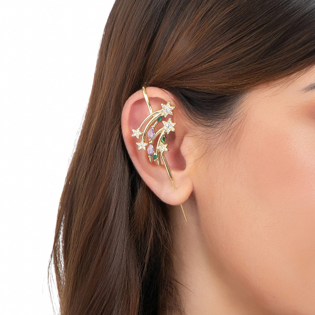 Shooting Star ear cuff in gold on a black ear form