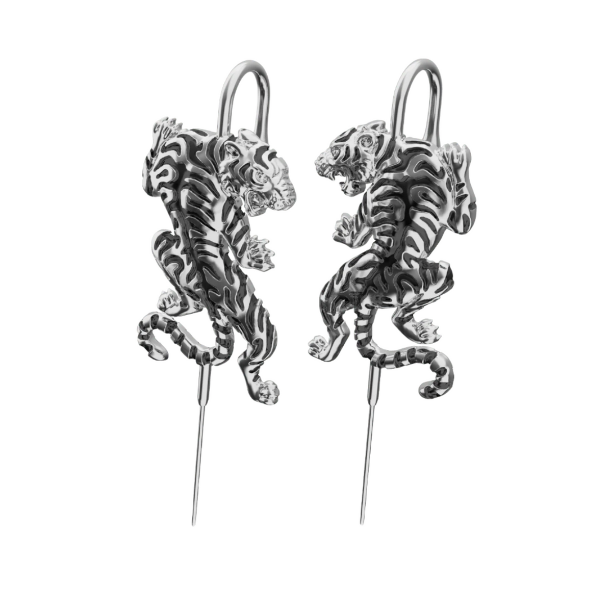 Prowling Tiger ear cuffs in silver, a pair